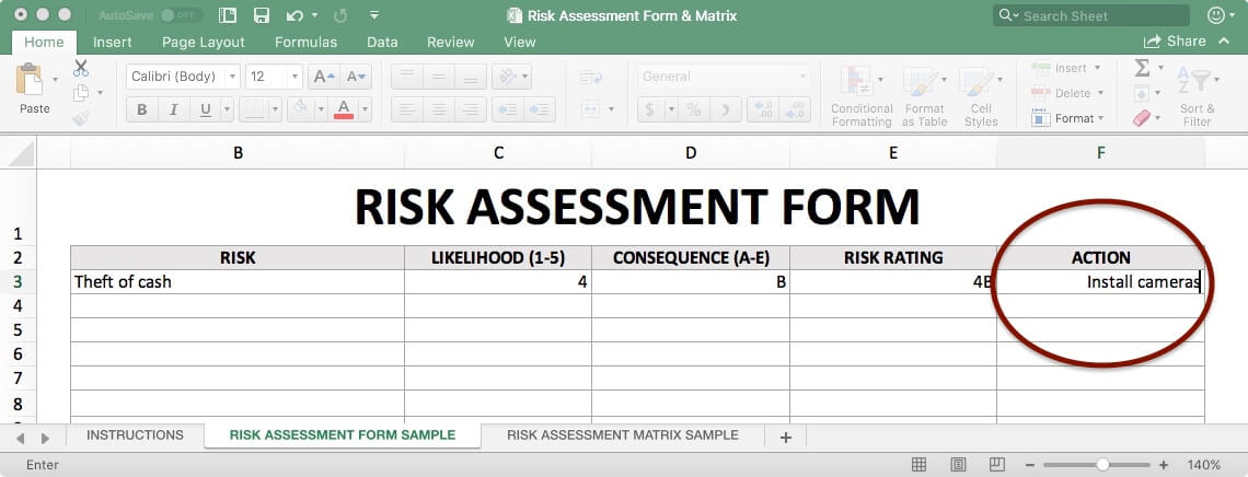 Risk assessment form showing 'Install cameras' as the action plan for theft of cash risk, highlighted in red circle