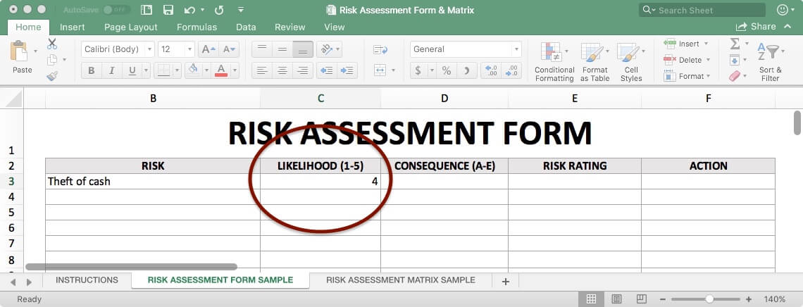 Excel risk assessment form showing 'Theft of cash' with a likelihood rating of 4 highlighted in a red circle