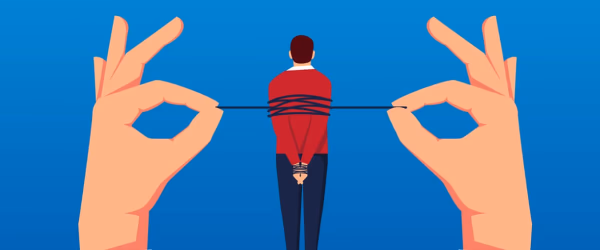 businessman-tied-to-the-air-by-giants-vector-id983370842