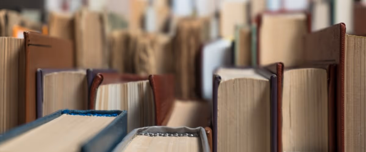 A close-up of the tops of books arranged on shelves – likely representing a library or archive of information.