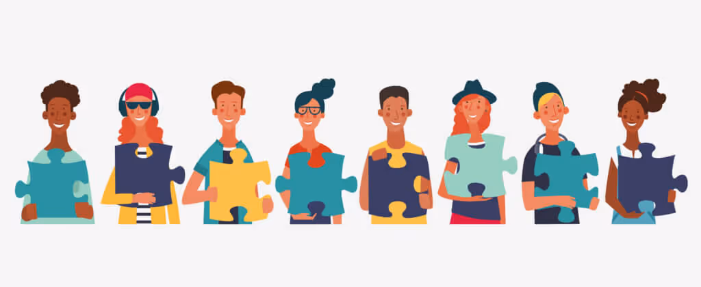 Illustration of a diverse team of people holding puzzle pieces, representing workplace diversity, inclusion, and collaborative teamwork.