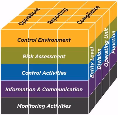 3D COSO Cube illustrating operations, reporting, compliance, control environment, risk assessment, and monitoring activities.