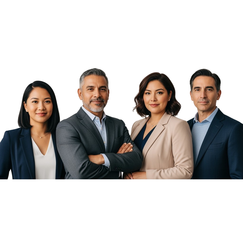 Portrait of four confident professional diverse businesspeople standing close together, dressed in business attire.