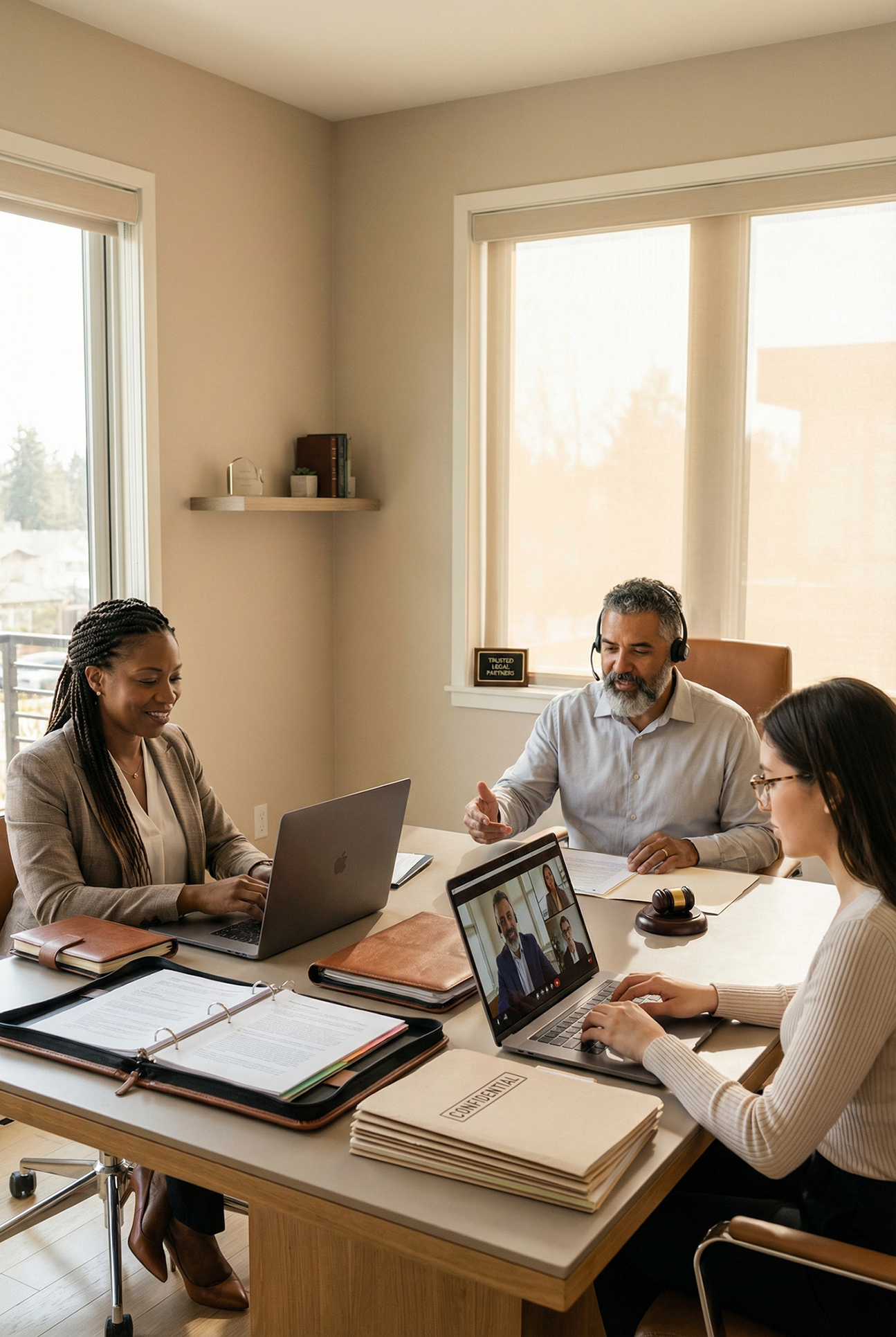Three colleagues in an office having a video conference call; two women and one man, with files and laptops on the table.