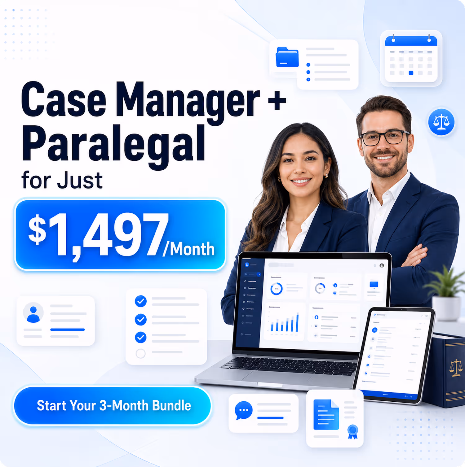 Smiling man and woman in business attire with laptop and tablet showing analytics, offer for case manager and paralegal.