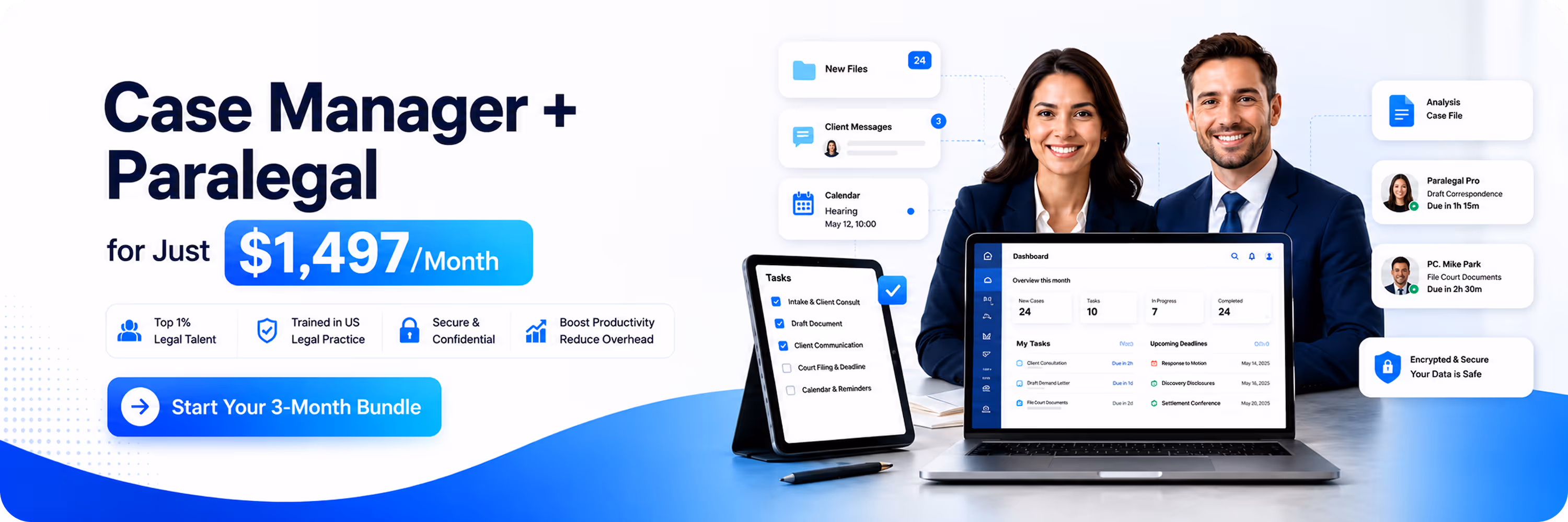 Smiling businesswoman and man with legal task management tools on laptop and tablet screens.