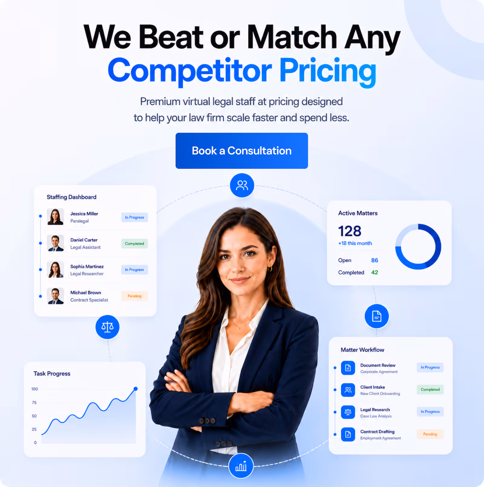 Confident businesswoman in navy suit with virtual legal staffing dashboard and task progress charts.