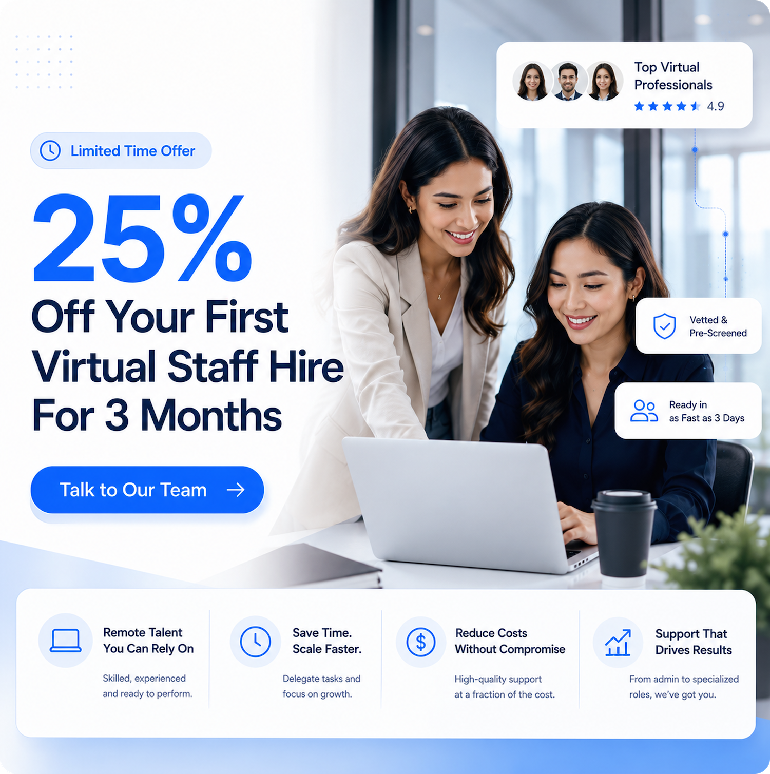 Two women working on a laptop with text offering 25% off first virtual staff hire for 3 months.