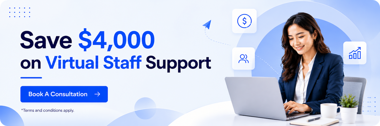Smiling woman working on laptop with text offering $4,000 off on virtual staff support.