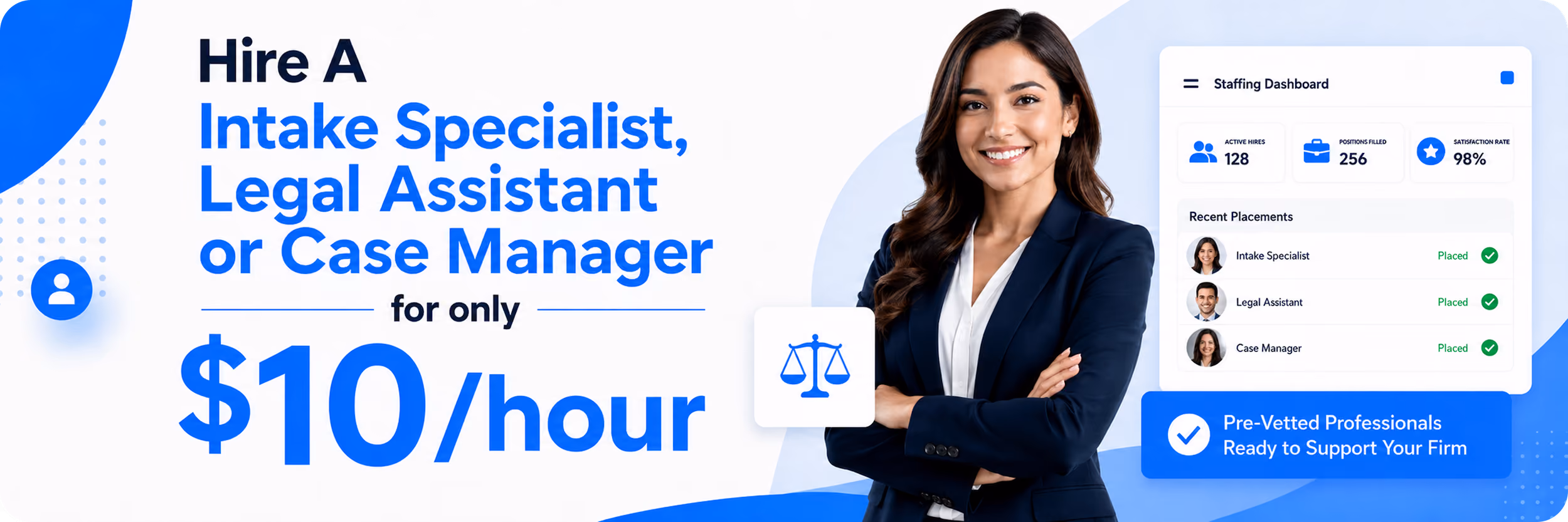 Smiling businesswoman with staffing dashboard offering intake specialist, legal assistant, or case manager at $10/hour.