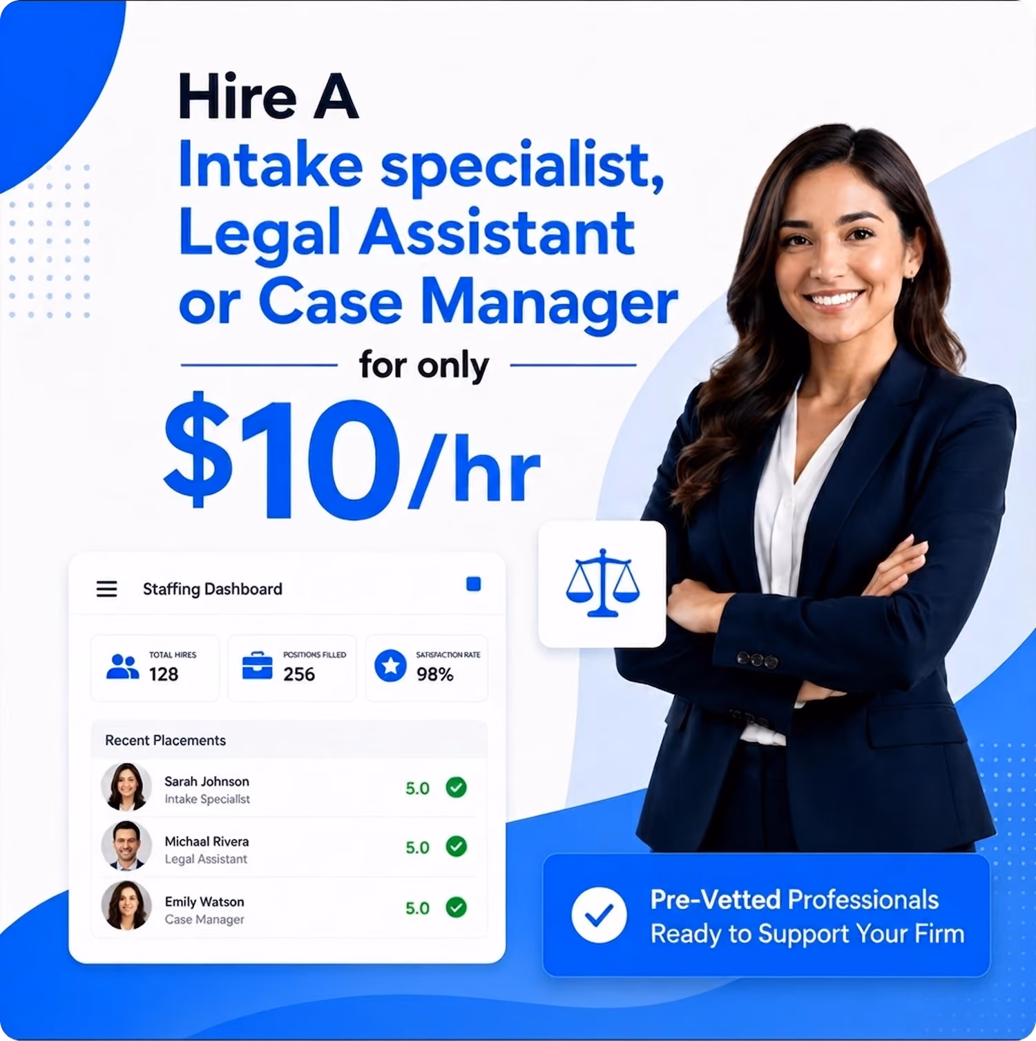 Offer to hire intake specialists, legal assistants, or case managers for $10/hr with pre-vetted professionals.