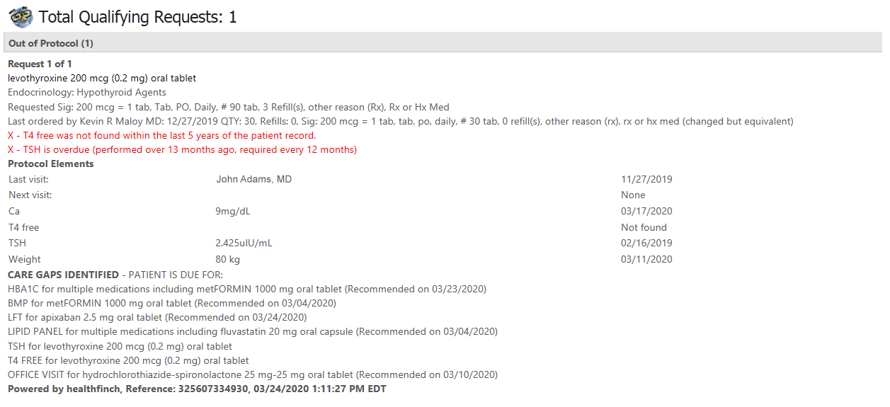 A flagged, out-of-protocol prescription renewal request in the EHR