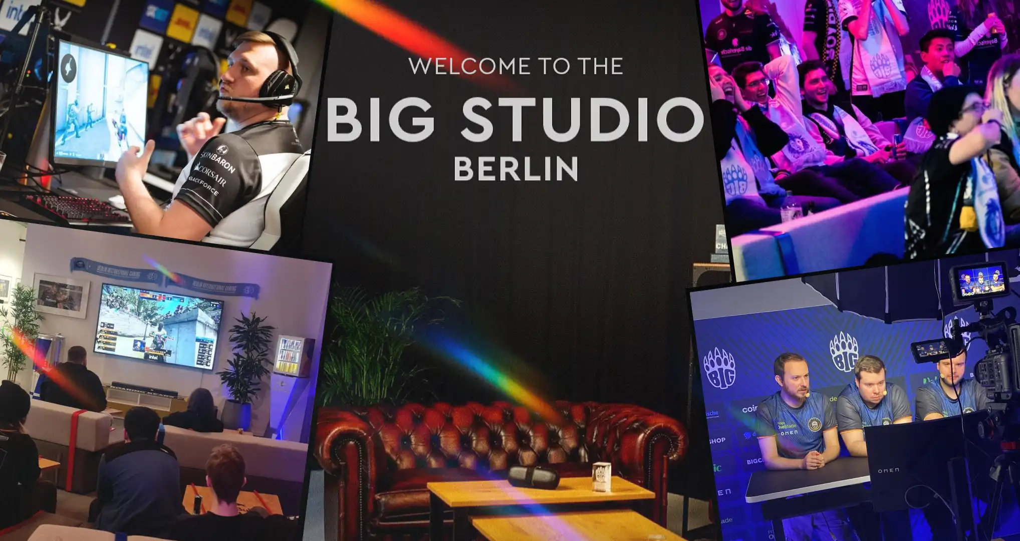 Collage of BIG Studio Berlin showing players competing, fans watching matches, a lounge area, and team members recording studio content.