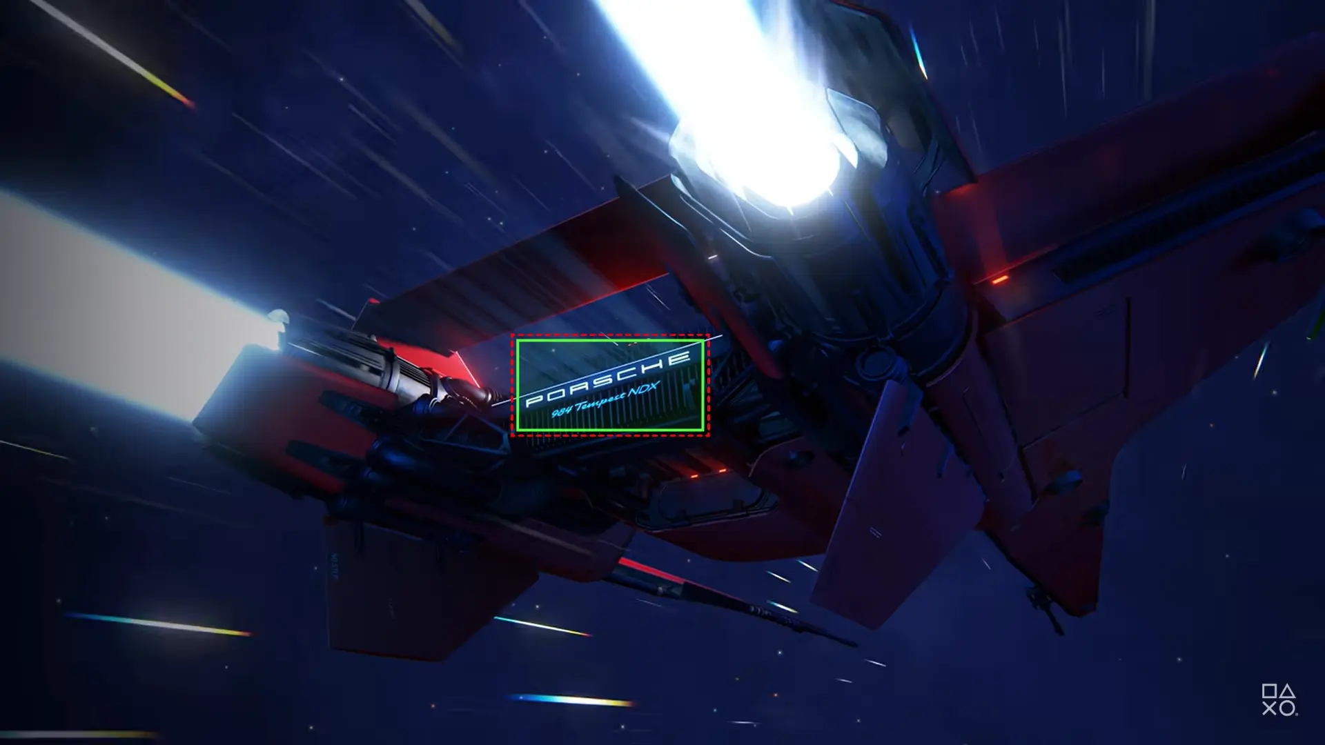 Futuristic spaceship flying through space with a bright engine trail and a Porsche logo illuminated on its hull.