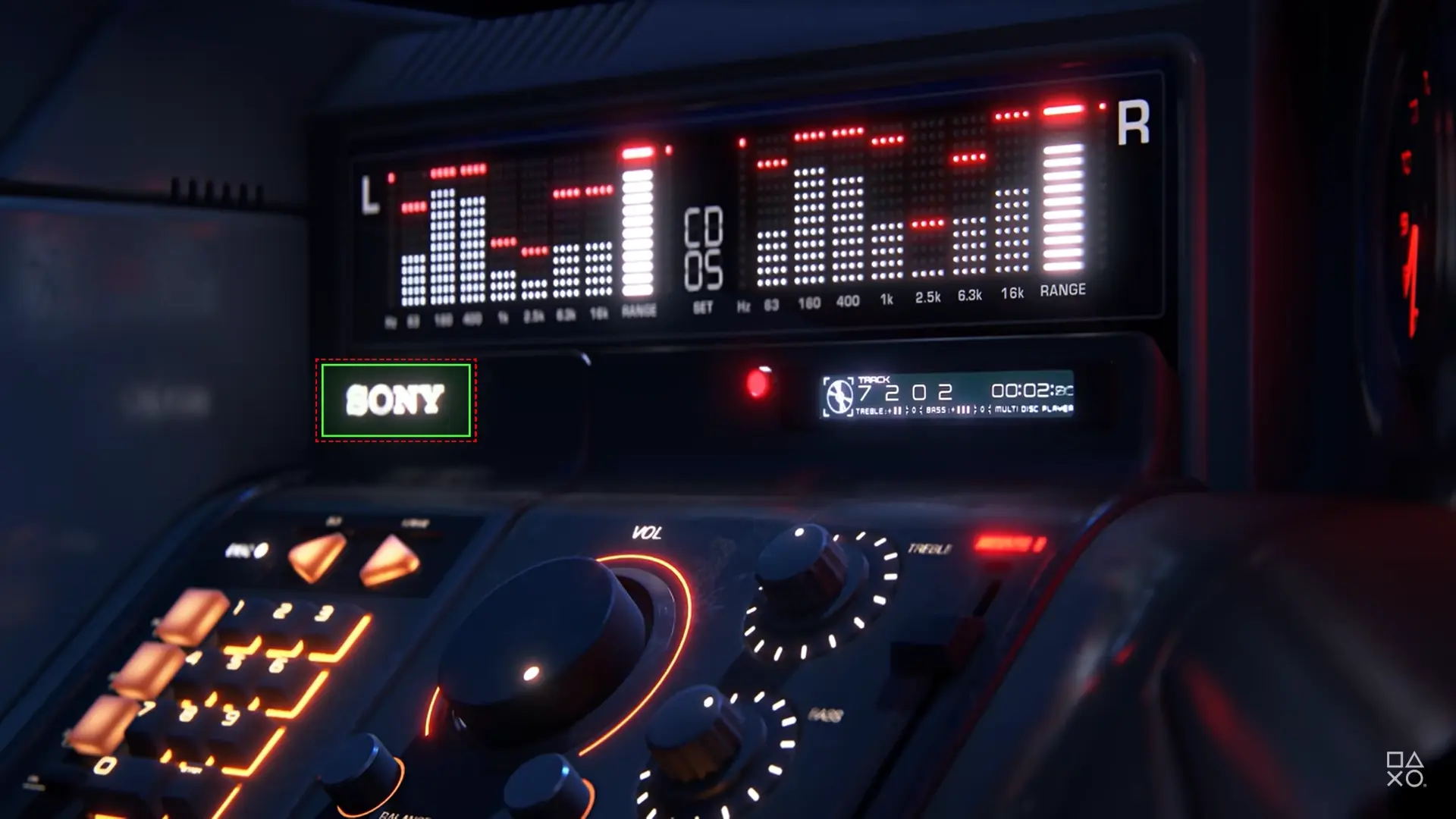 Close-up of a futuristic car stereo dashboard with illuminated controls and a green Sony logo displayed on the screen.