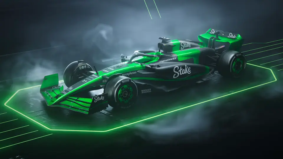 Stake-branded Formula 1 car in green and black, visually linked to the Kick streaming platform’s color theme and brand identity.