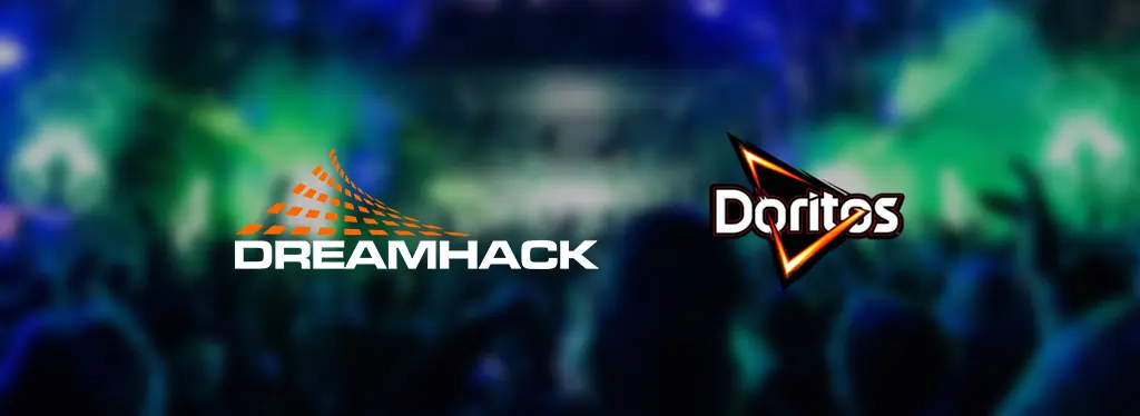 DreamHack and Doritos logos displayed over a blurred esports event background, representing a collaboration between the gaming festival and the snack brand.