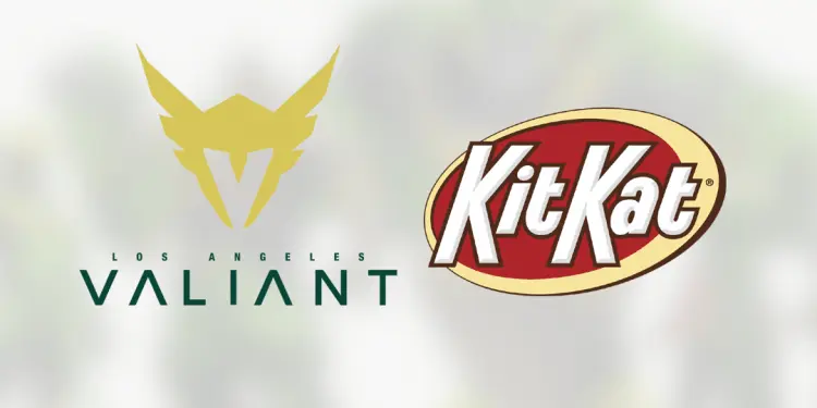 Los Angeles Valiant logo alongside KitKat logo, showcasing a brand partnership in the esports industry.