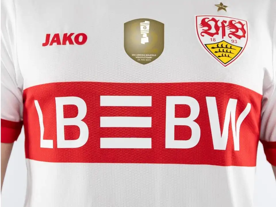 Close-up of VfB Stuttgart’s 2025 DFB-Pokal final football shirt featuring the LBBW logo, representing strategic sponsorship activation and effective brand placement in sports.
