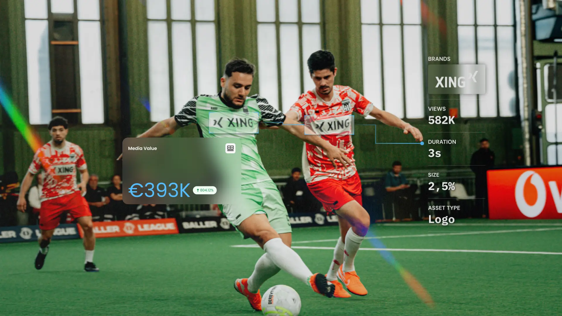 A football match where players wear jerseys featuring a visible sponsor logo, overlaid with analytics showing media value, views, duration, size, and asset type — illustrating how brand exposure is quantified in modern sponsorship measurement.