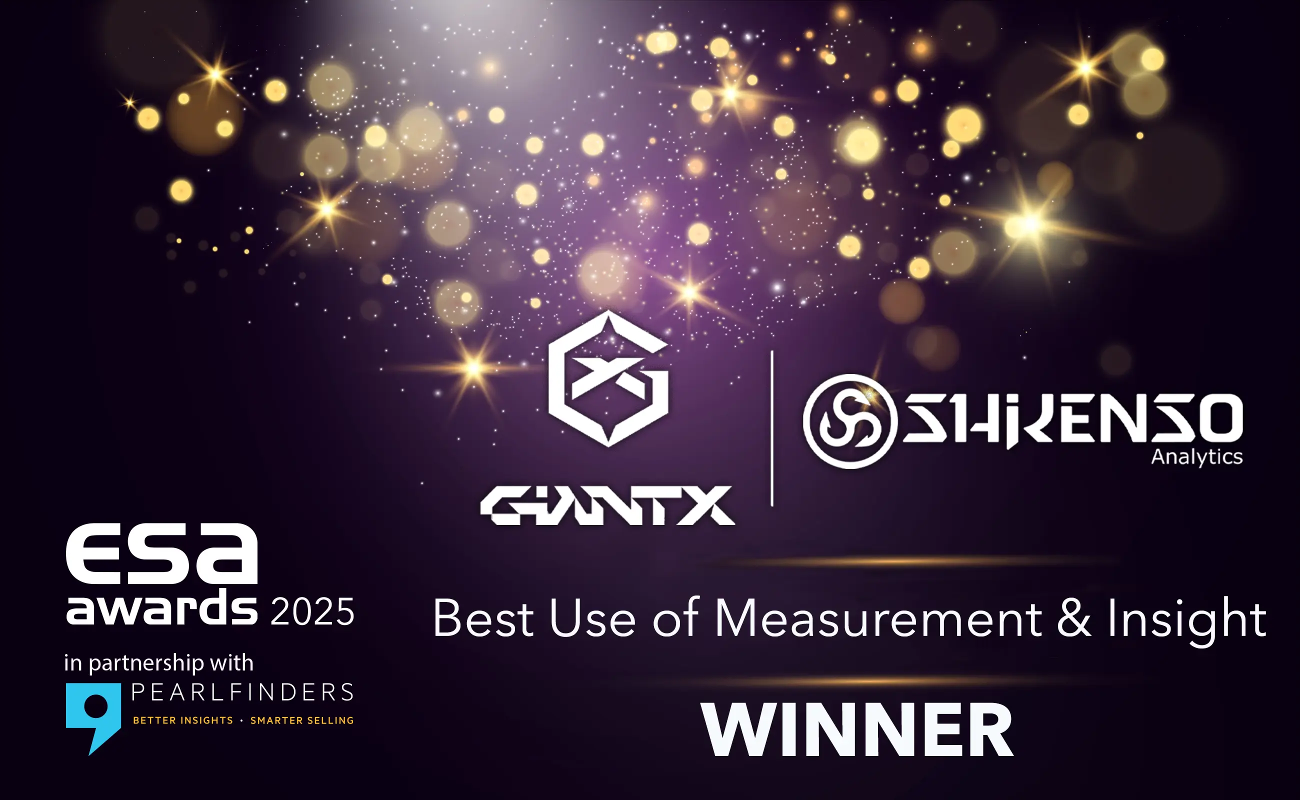 ESA Awards 2025 graphic announcing GIANTX and Shikenso Analytics as winners of the ‘Best Use of Measurement & Insight’ category, in partnership with Pearlfinders. The background features golden lights and sparkles on a dark gradient backdrop.