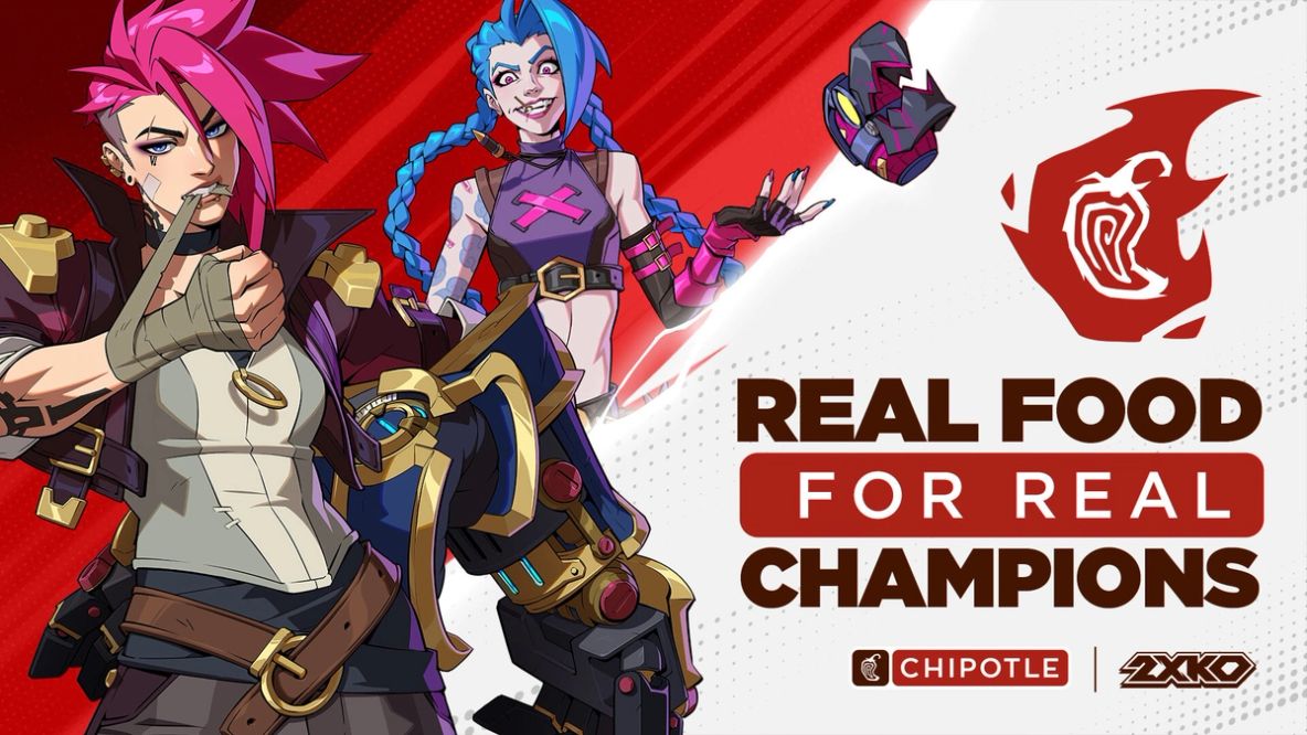2XKO x Chipotle partnership artwork featuring game characters and "Real Food for Real Champions" branding for Evo 2025 activation. Credit: Riot Games, Chipotle.