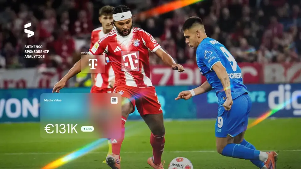 Football player in action with an overlaid analytics card highlighting exposure time and euros earned, visualising how sponsorship performance is converted into media value.