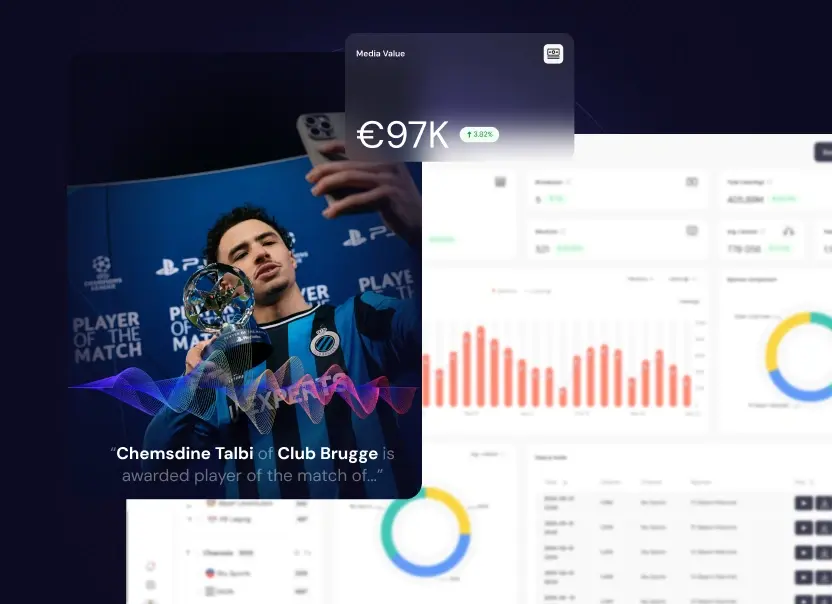 Football player holding a man of the match trophy with an overlaid sponsorship analytics dashboard, illustrating how audible brand mentions contribute to measurable media value.