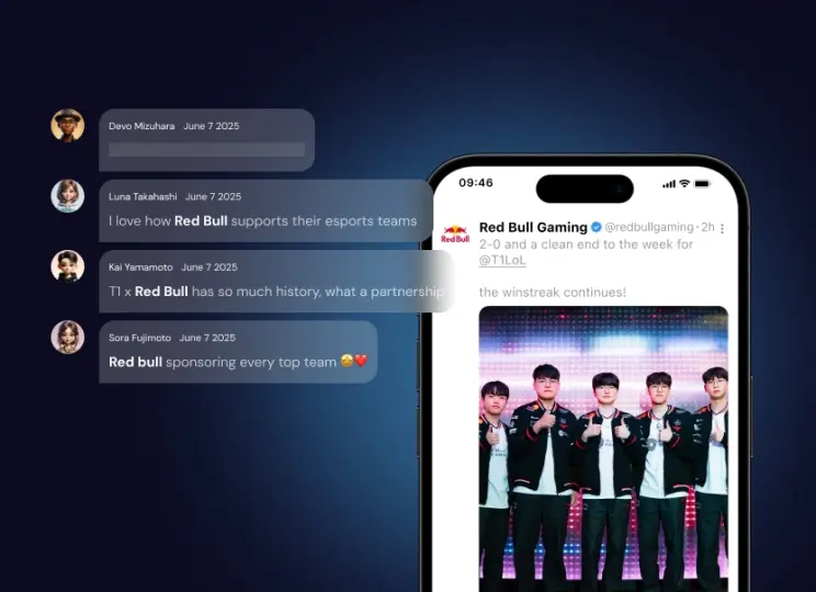 Smartphone showing an esports team social post alongside fan reactions, demonstrating how legible brand placements on social media generate media value.