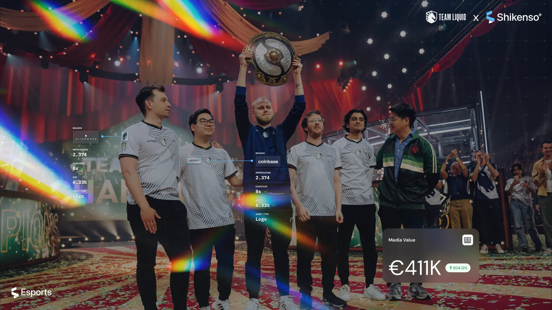 Team Liquid esports team on stage with Shikenso AI analytics overlay showing sponsor tracking, impressions, and media value insights.