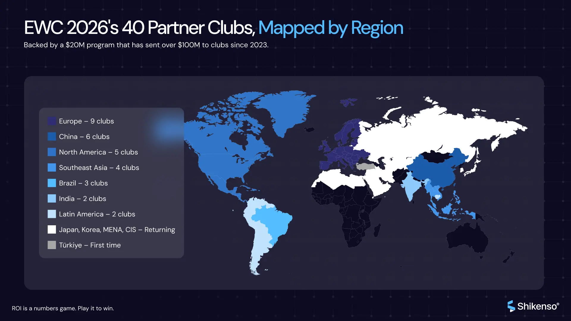 World map showing the regional distribution of the 40 partner clubs competing in the Esports World Cup 2026 Club Championship