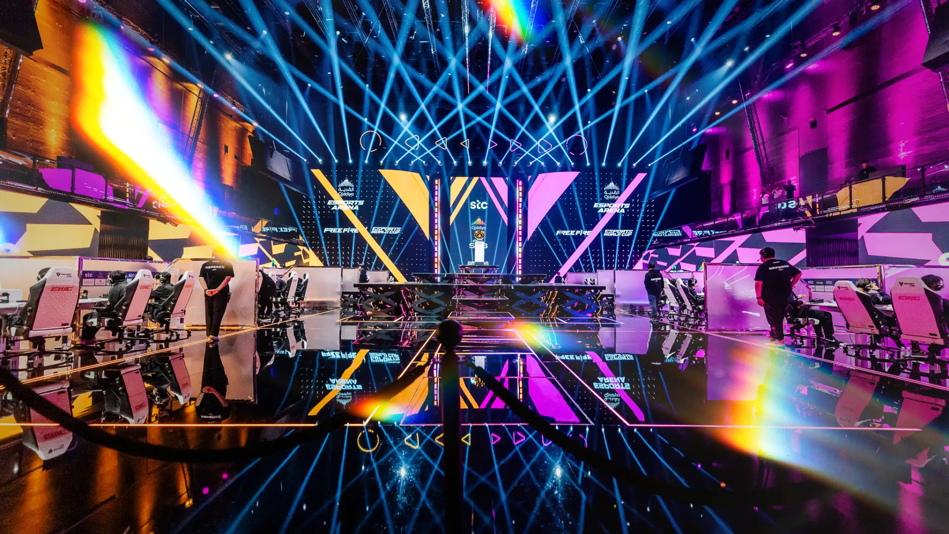 Esports World Cup 2026 main stage inside the Qiddiya Esports Arena during a live tournament featuring large scale production and competitive gaming