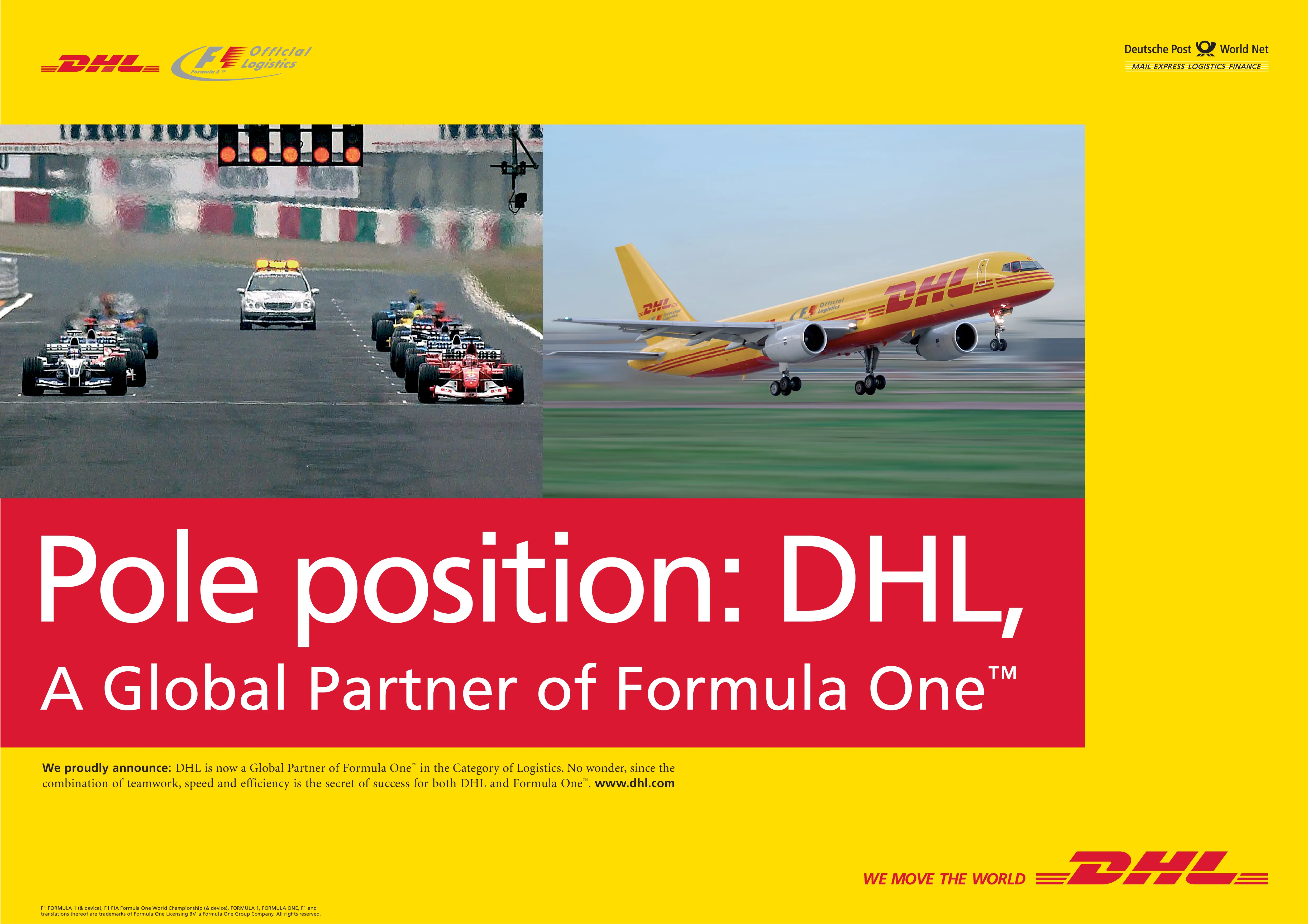 DHL "Pole position: DHL, A Global Partner of Formula One" poster showing Formula 1 cars lined up behind the safety car beside a DHL cargo aircraft.