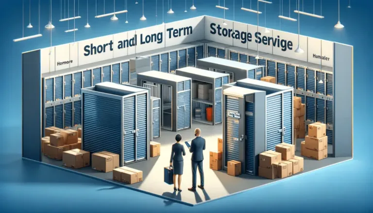 a man and woman standing in a room with storage units