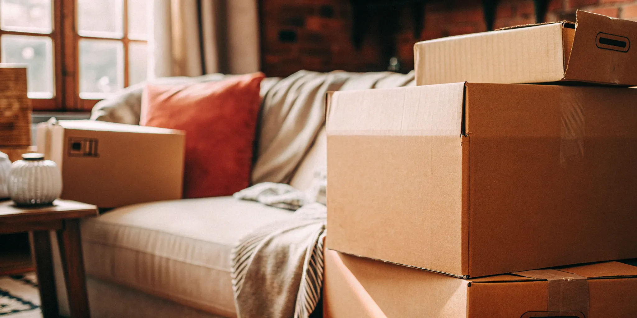 Stacked moving boxes ready for same-day movers.