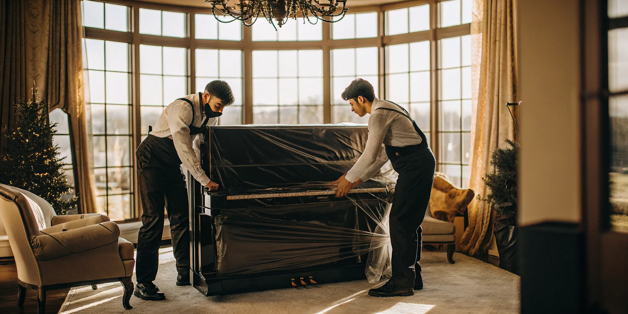 Upright piano movers carefully wrapping a piano for transport.