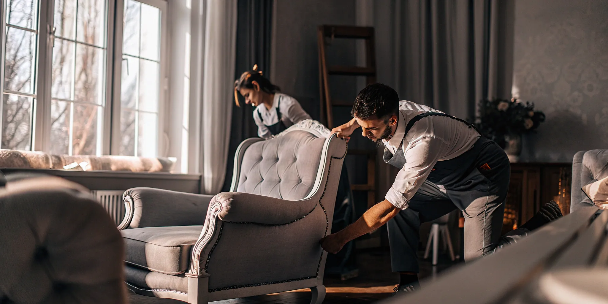 Movers carefully transport furniture.