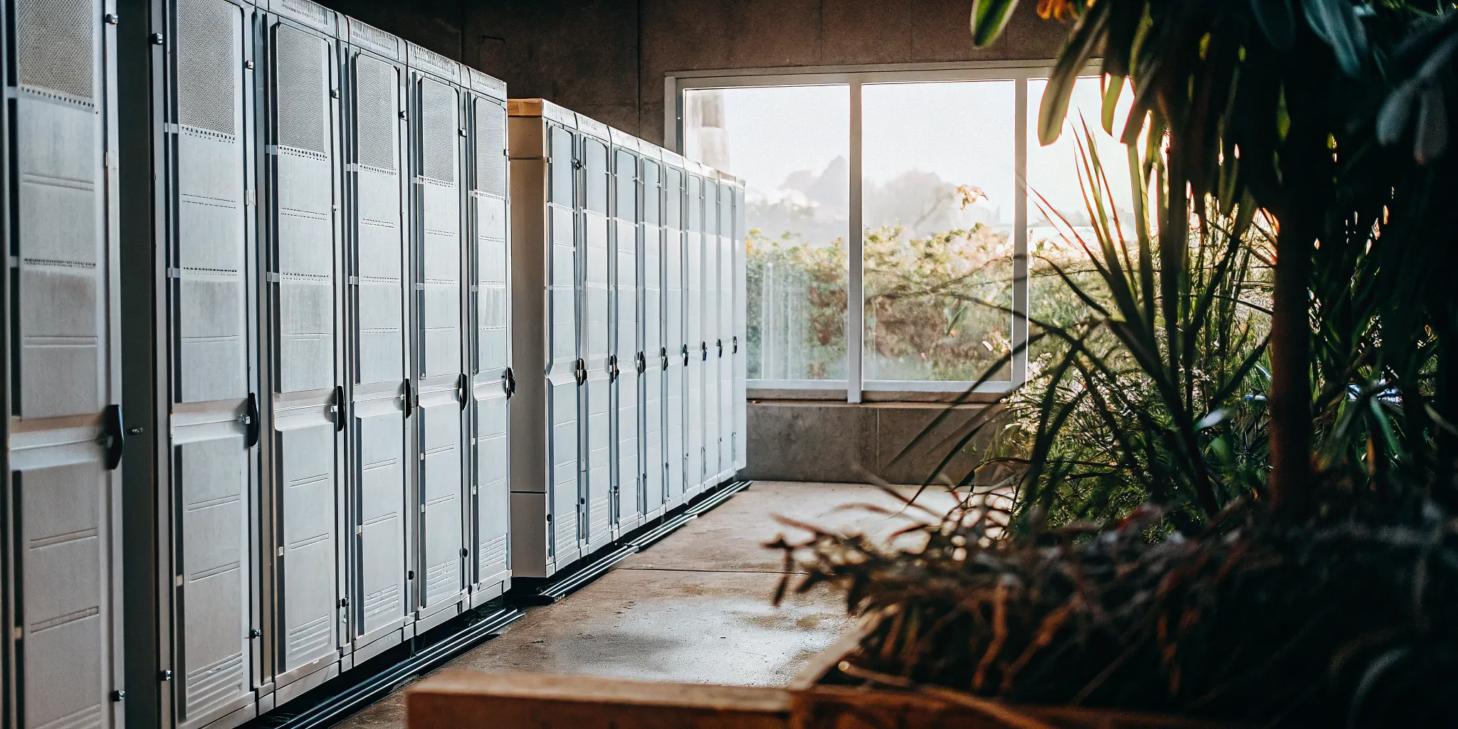 Climate-controlled storage containers in a well-lit facility.