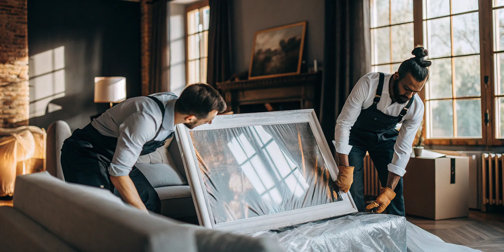 Long-distance movers carefully handling furniture.