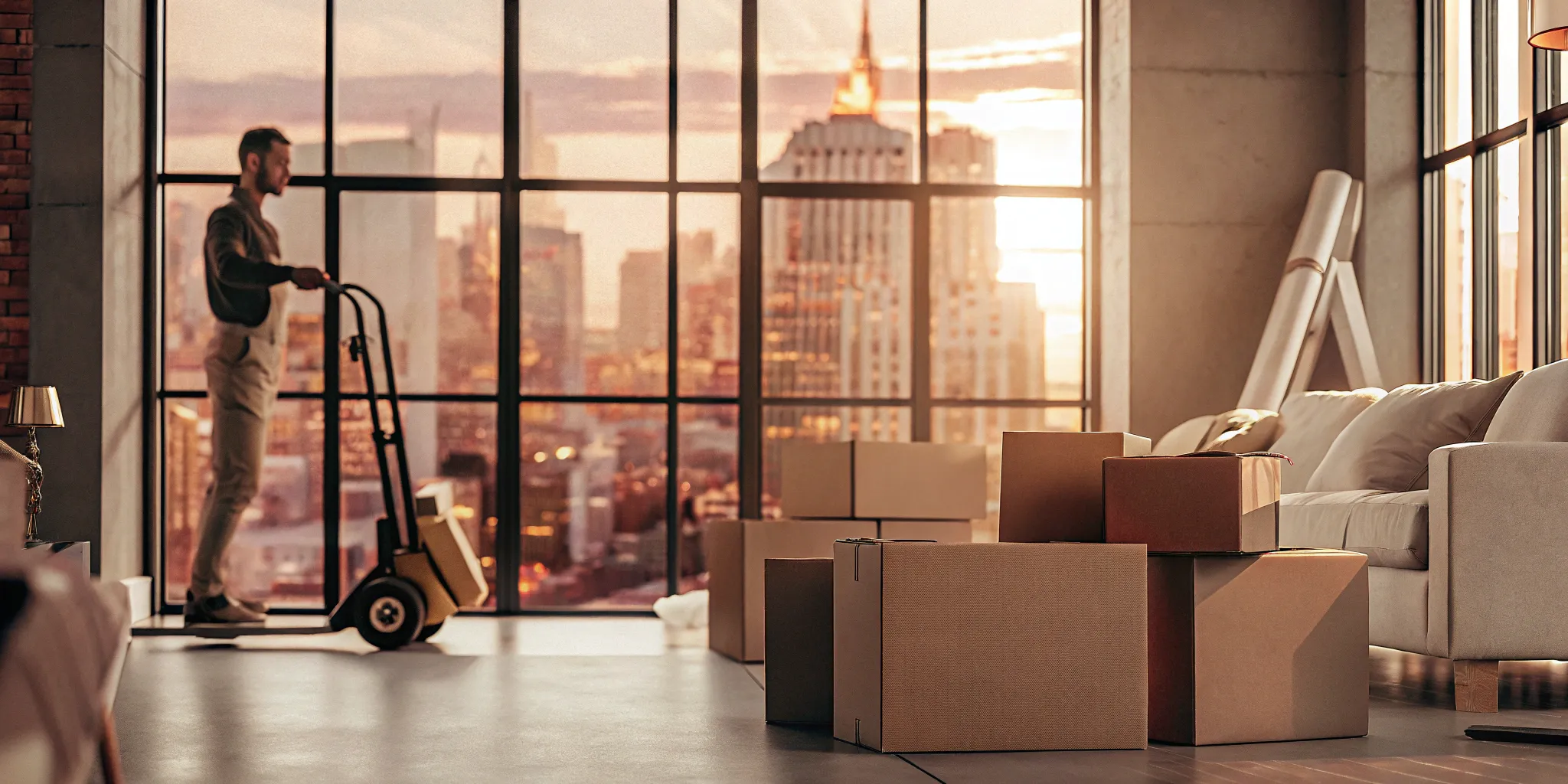 Commercial movers carefully transporting boxes and office furniture for a business relocation.