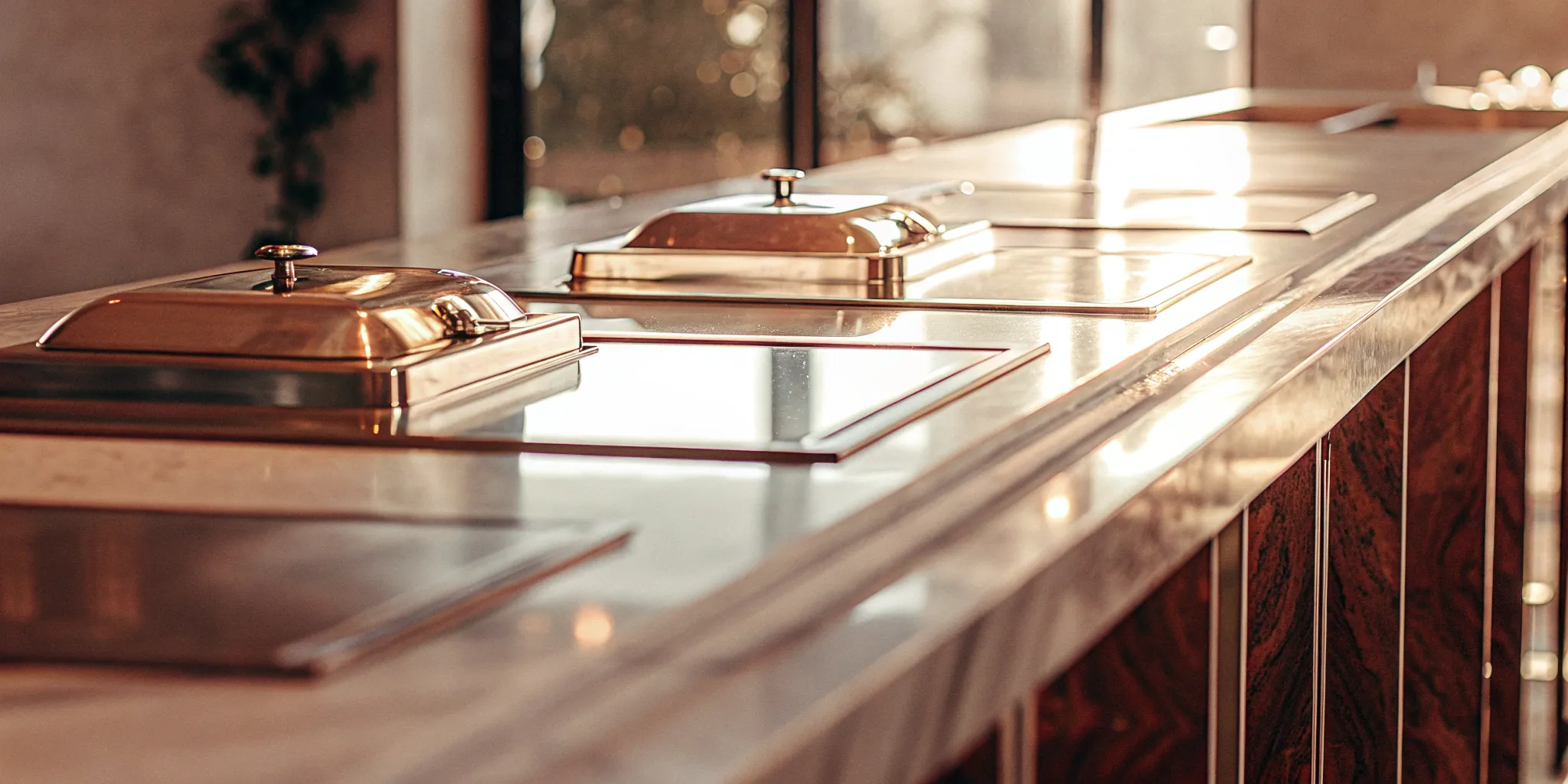 Modern metal countertops with a polished finish and custom integrated features.