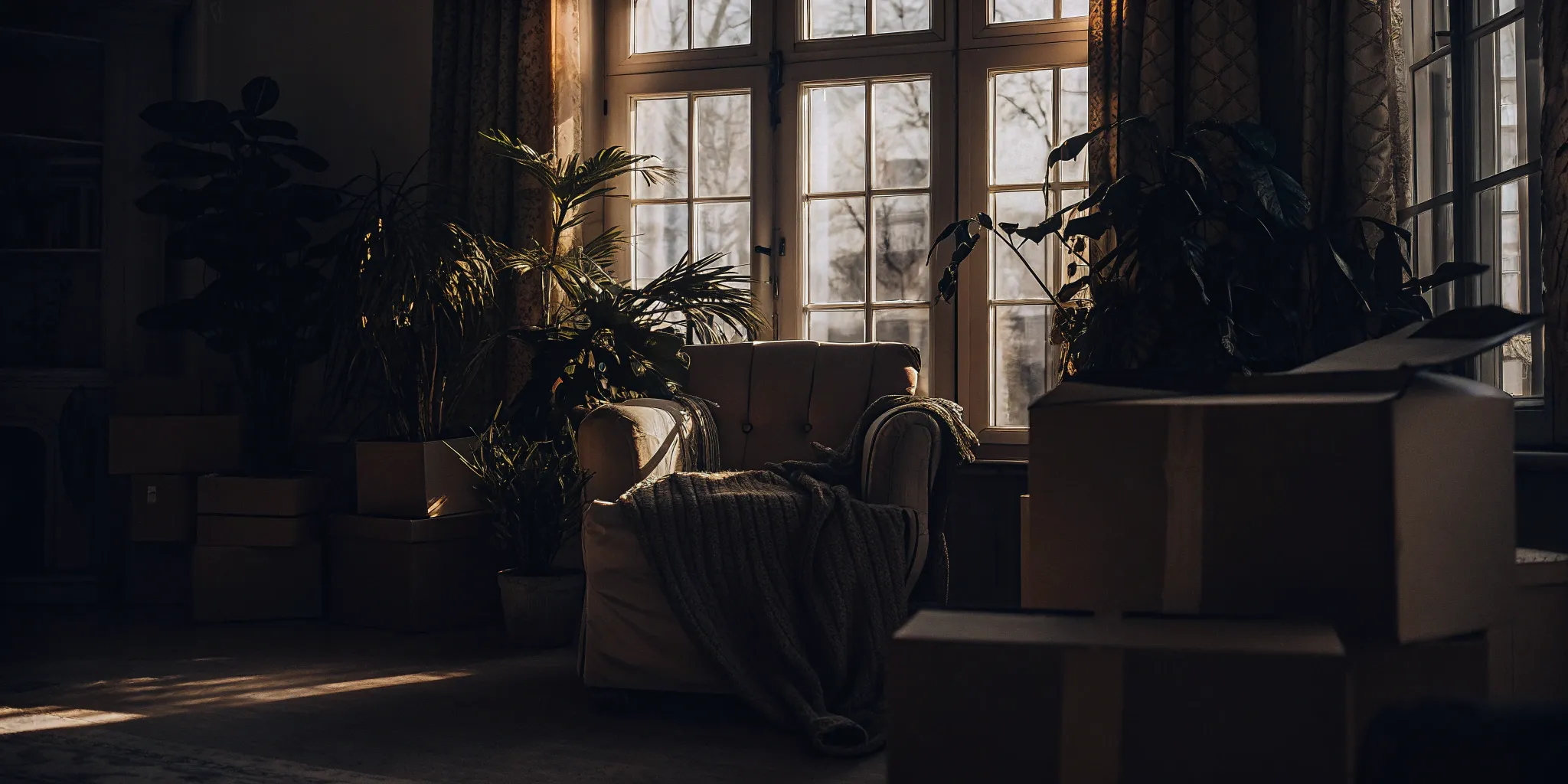 Packed moving boxes in a home prepared for a cross country move by professional movers.