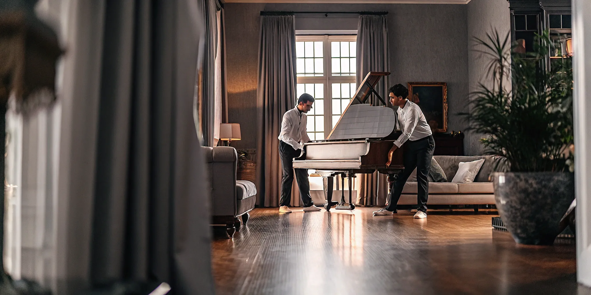 Professional cross country piano movers safely moving a grand piano.