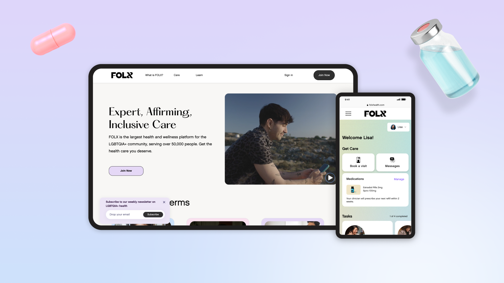 FOLX Health website homepage and member app welcome screen shown side by side