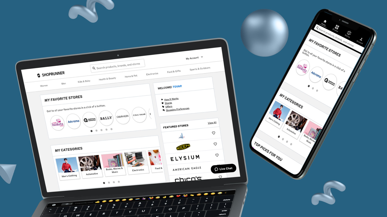 ShopRunner.com homepage with My Favorite Stores and My Categories, shown on laptop and phone