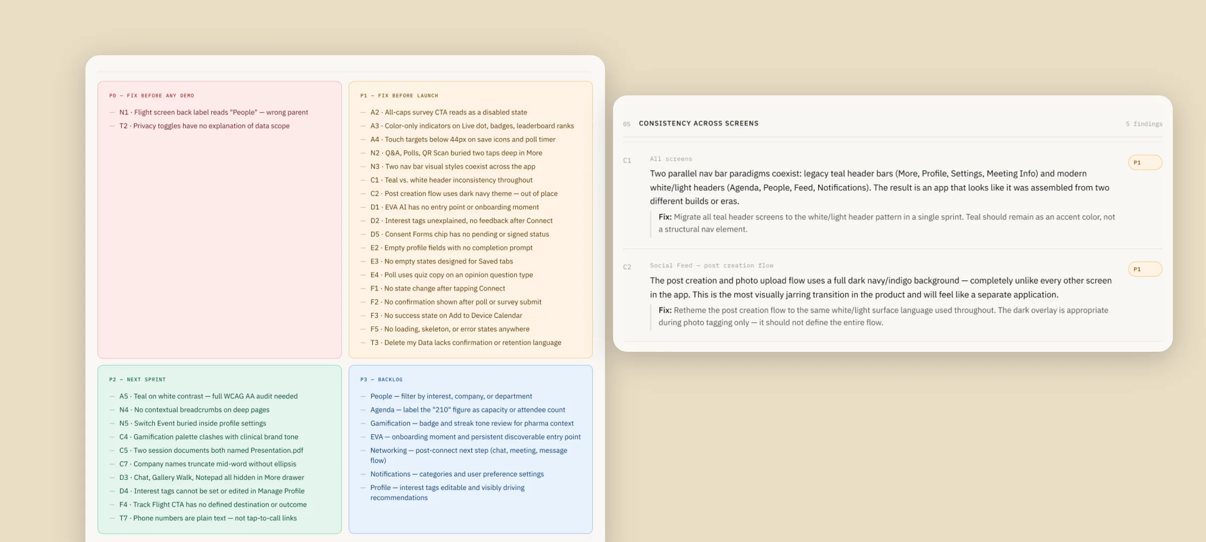 Design system audit priority matrix sorting findings from P0 to P3, next to consistency findings with fixes