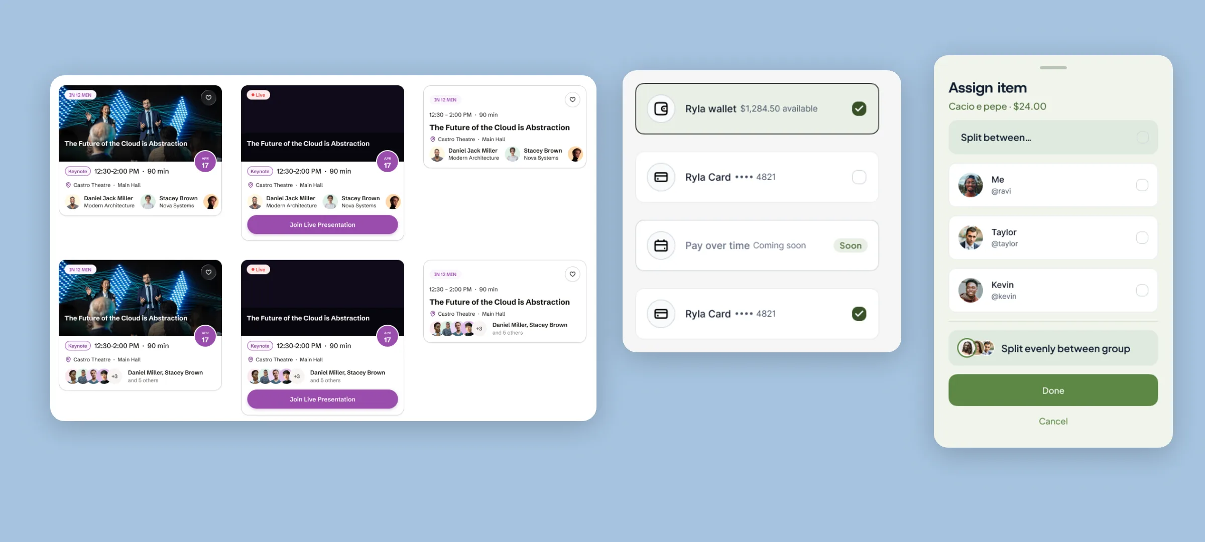 Figma component library examples: session card variants, payment method cards, and a bottom sheet