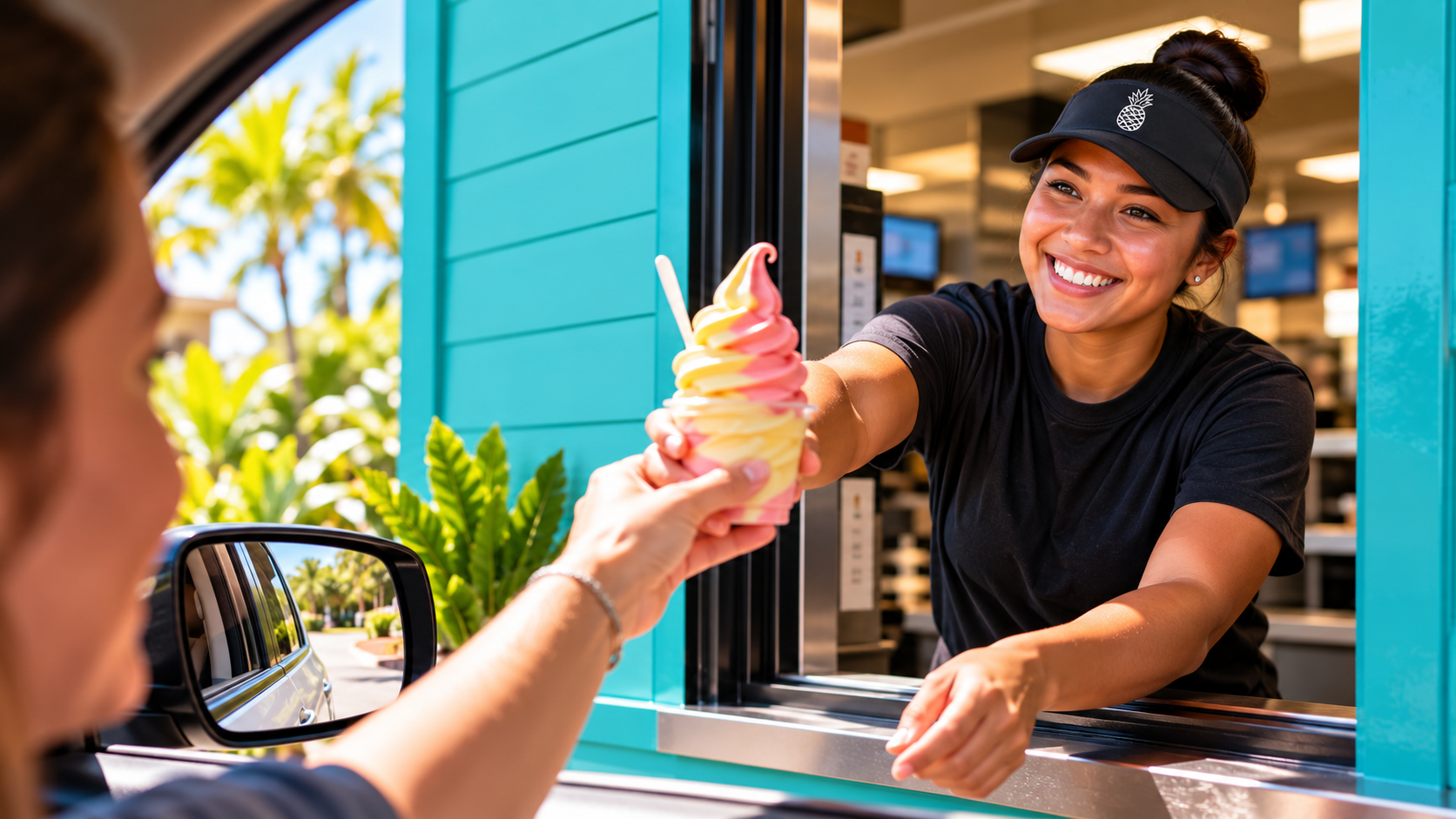 A Dole soft serve being passed to a customer from a Hawaiian Bros drive-thru