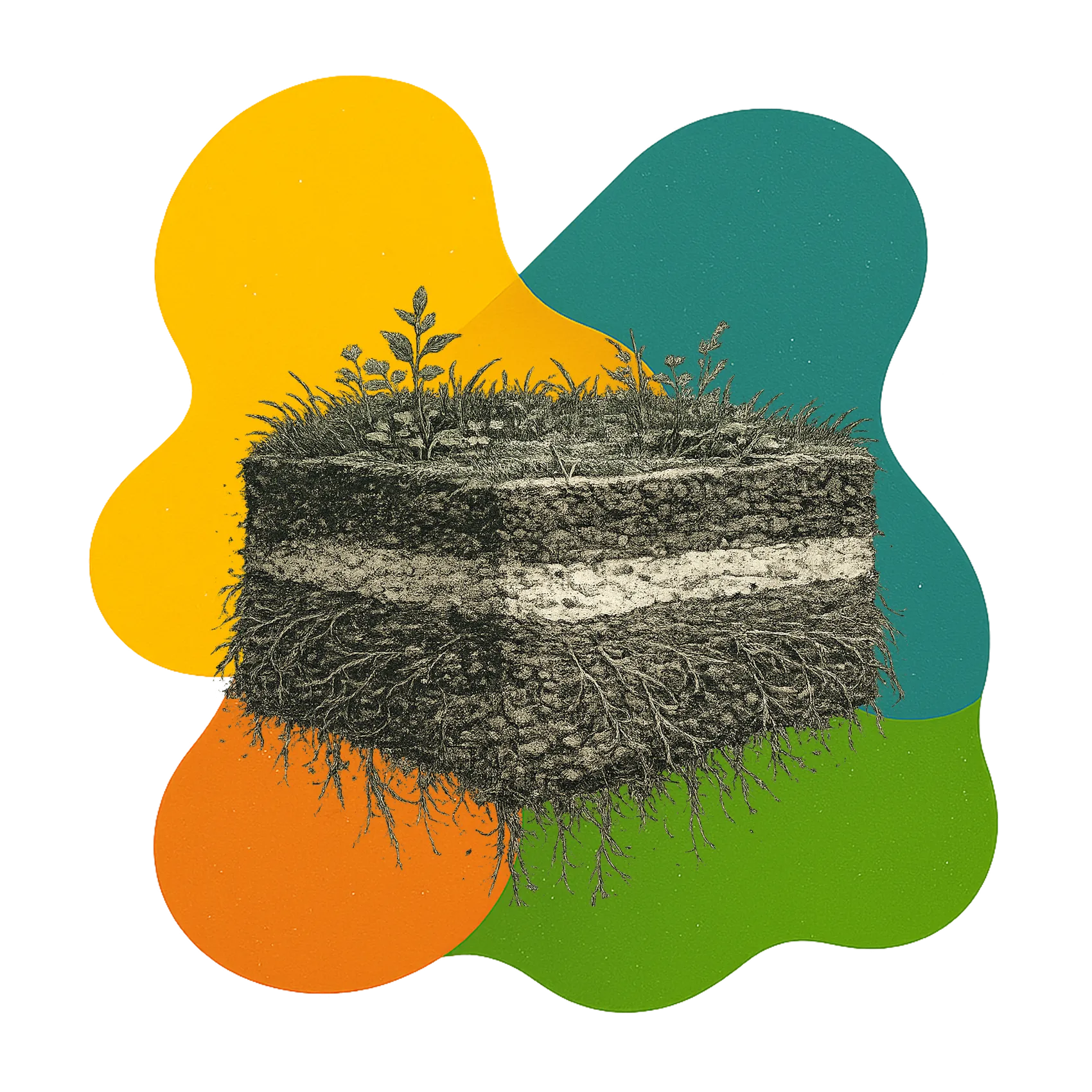 Cross-section of soil layers showing roots, grass, and small plants with four color blobs in the background.