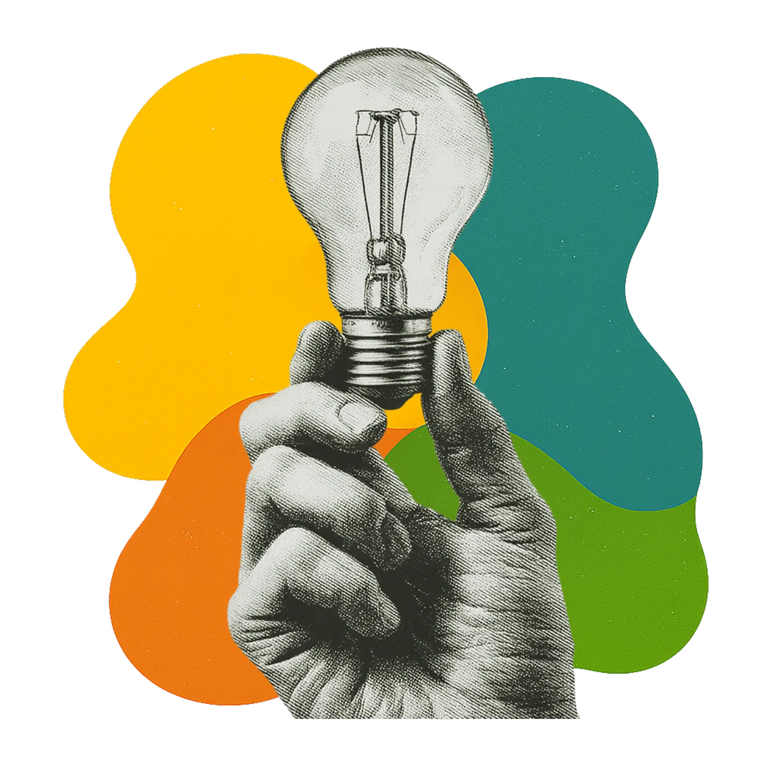Hand holding a vintage light bulb with abstract colorful shapes in the background.
